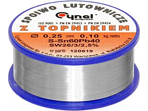 Spoiwo CYNEL Sn60Pb40 drut lutowniczy 0,25mm 0,1kg Topnik F-SW26